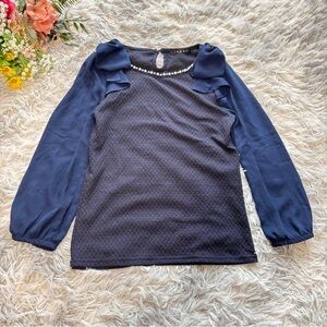 ING Shoulder Ribbon Blouse [M] Navy, Bejeweled, 3/4 Sleeves